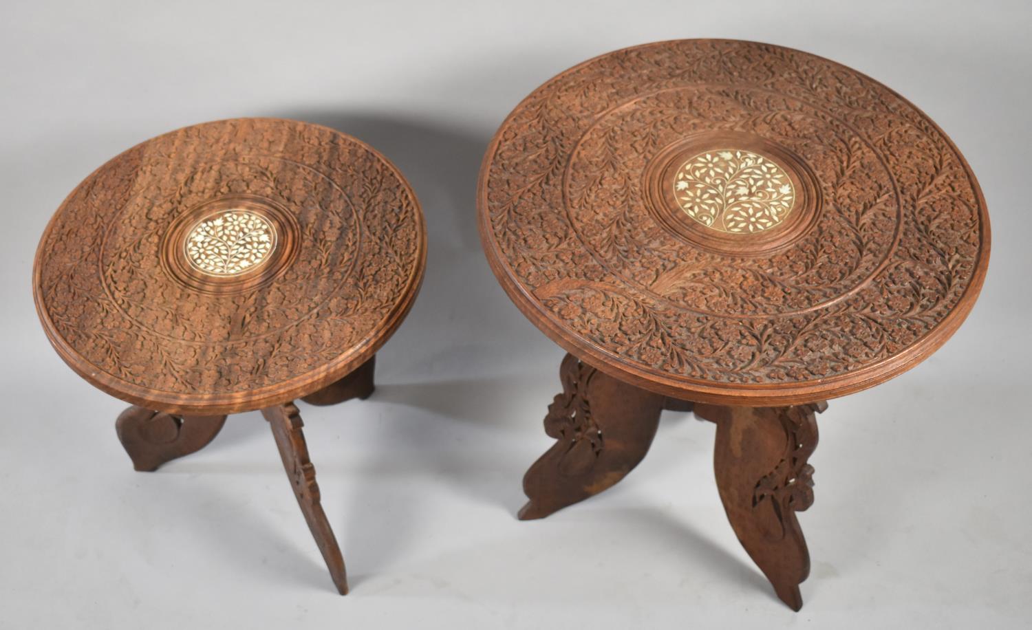 Two Ornately Carved Circular Indian Occasional Tables on Folding Tripod Supports, 45cm and 38cm - Image 2 of 2