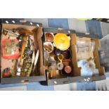 Three Boxes Containing Kitchenwares, Wooden Table Lamp, Glasswares etc