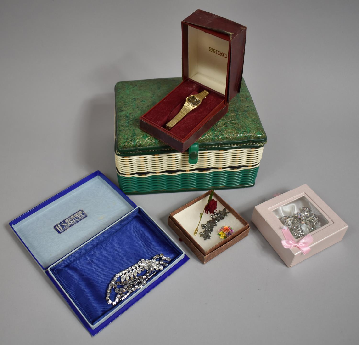 A Vintage Woven Jewellery Box Containing Costume Jewellery