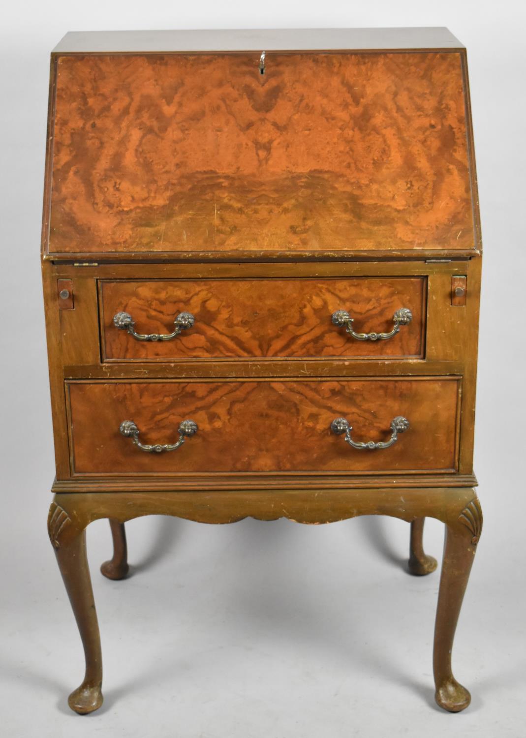 A Mid 20th Century Walnut Fall Front Two drawer Bureau on Short Cabriole Supports, 60.5cm wide