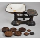 A Set of Vintage Cast Iron Kitchen Scales with Enamelled Pan and Weights