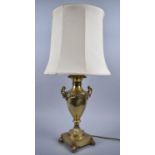 A Nice Quality Heavy Brass Table Lamp in the Form of Two Handled Vase, Complete with Shade, 74cm