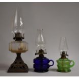 Three Late Victorian/Edwardian Oil Lamps to Include Iron Based Example and Two Coloured Glass