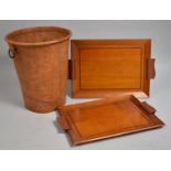 A Leather Two Handled Waste Bin Together with Two Leather Handled Rectangular Inlaid trays, 37cm x