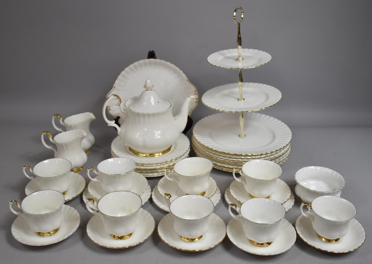 A Royal Albert Val D'or Tea Set to Comprise Large Dinner Plates, Tree Tier Cake Stand, Cake Plate,