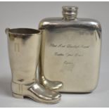 A Silver Plated Novelty Spirit Measure in the form of a Riding Boot Together with a Pewter Hip Flask