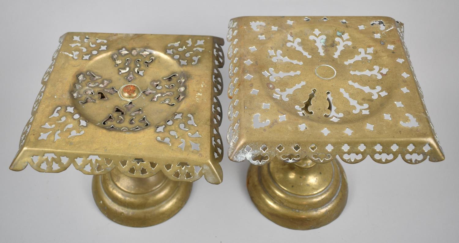 Two Victorian Brass Kettle Stands with Pierced Square Tops - Image 2 of 2