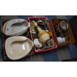 A Three Boxes of Ceramics to Include Mixing Bowls, Bed Pans, Table Lamp, Ornaments etc