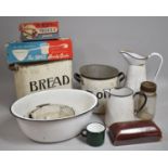 A Collection of Vintage Kitchen Wares to Include Enamelled Bread Bin, Jugs etc