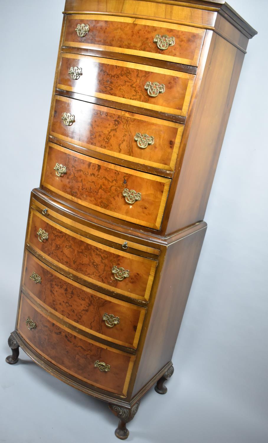 A Mid 20th Century Burr Walnut Bow Fronted Chest on Chest the Base Section with Three Graduated - Image 2 of 3