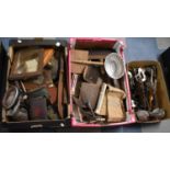 Three Boxes of Sundries to Include Sheep Shears, Wool Cards, Vintage Ice Skates etc