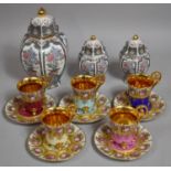 A Set of Five Continental Porcelain Gilt Decorated Coffee Cans and Saucers Together with Oriental
