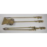 A Set of Three Brass Long Handled Fire Irons, Poker 66cm long