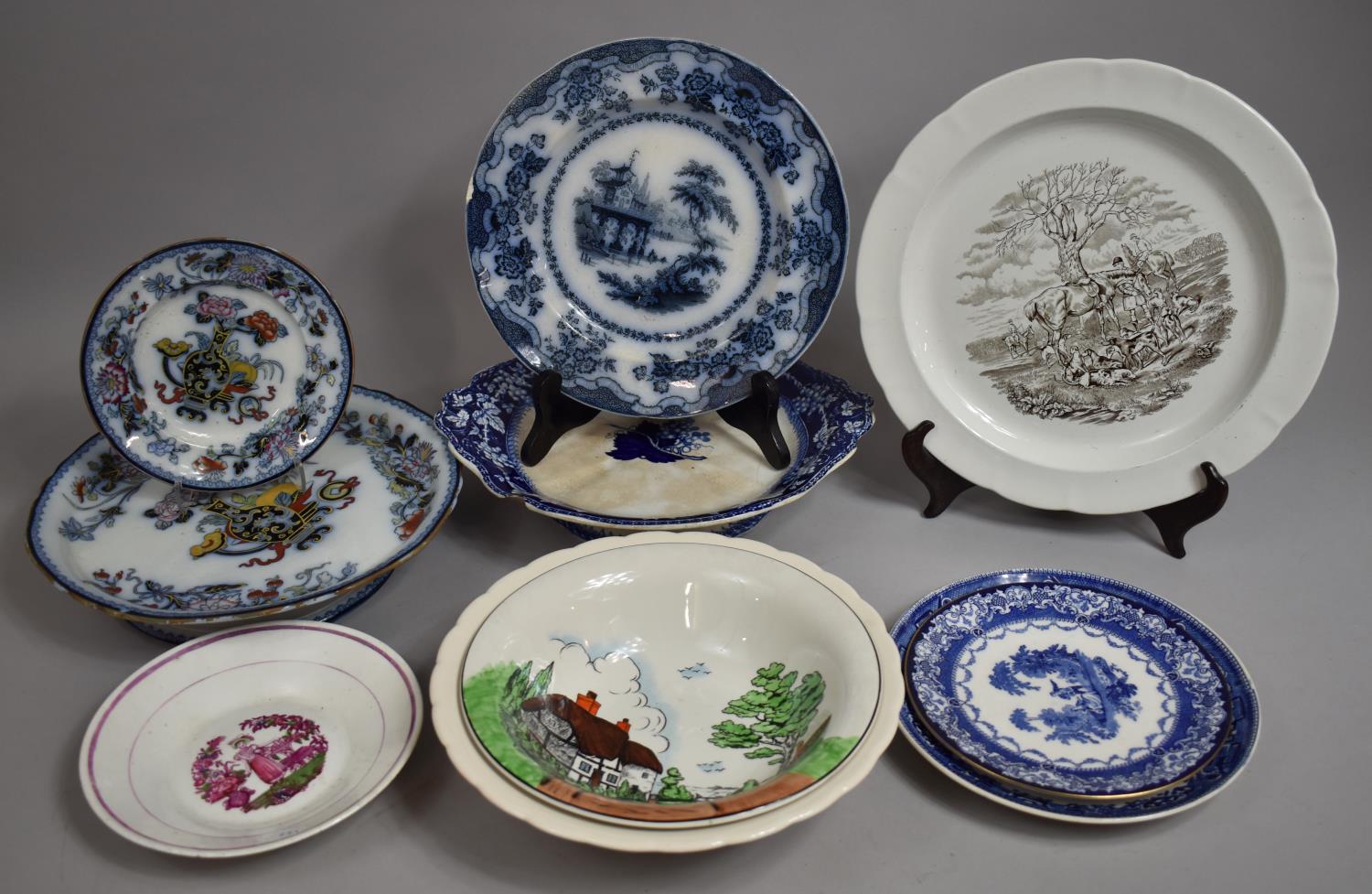 A Collection of Various Transfer Printed Ceramics to Comprise Late 19th Century Ironstone Stands,