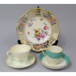 Two Continental Cups and saucers and a Reticulated Border Dish Decorated with Flowers