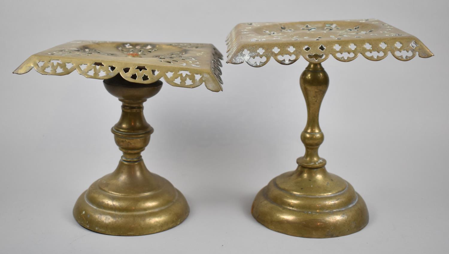 Two Victorian Brass Kettle Stands with Pierced Square Tops