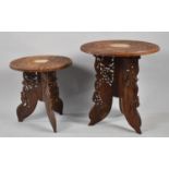 Two Ornately Carved Circular Indian Occasional Tables on Folding Tripod Supports, 45cm and 38cm