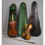 Two Vintage Cased Violins and Two Bows, One with Printed Paper Label for Stradivarius, the Other