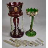A Ruby Glass Lustre and Green Glass Example with Handpainted Cartouches, Both with Condition