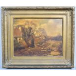 A Gilt Framed 19th Century Oil on Board, Bridge Over Stream, 29x22cm