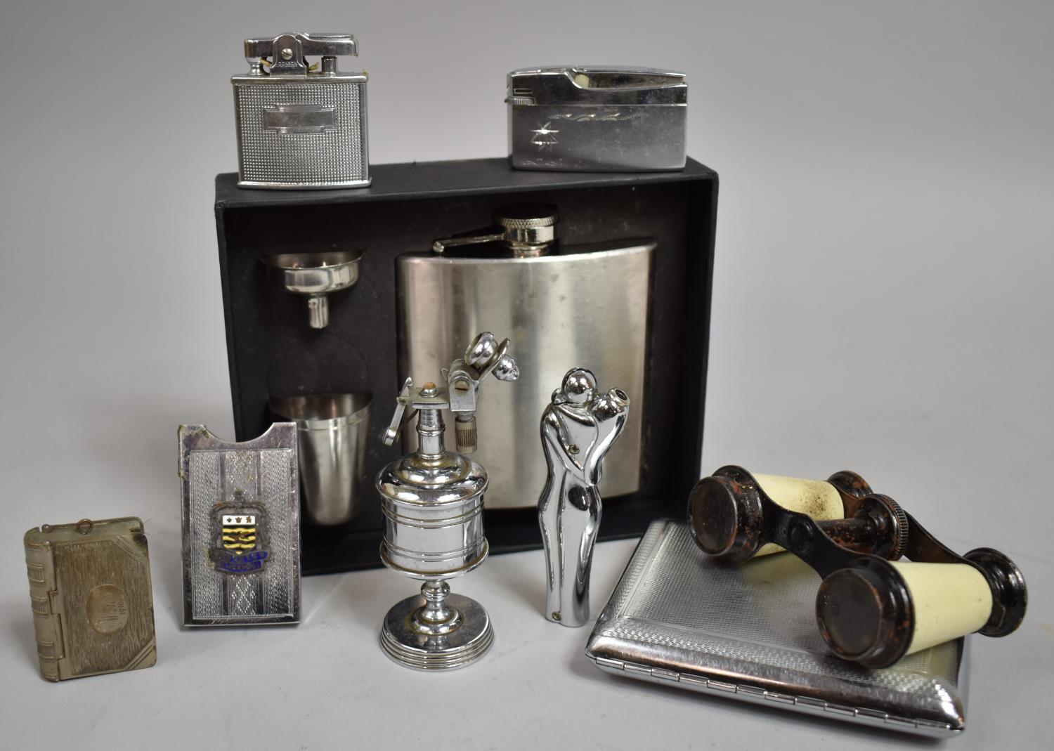 A Collection of Various Vintage Lighters, Cigarette Box, Novelty Vester, Opera Glasses etc (We