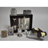 A Collection of Various Vintage Lighters, Cigarette Box, Novelty Vester, Opera Glasses etc (We