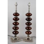 A Pair of Modern Amber Glass and Chrome Table Lamps, no Shades, 57cm high