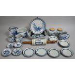 A Set of Continental Blue and White Glazed Kitchenware to Comprise Rolling Pin, Lidded Storage Jars,