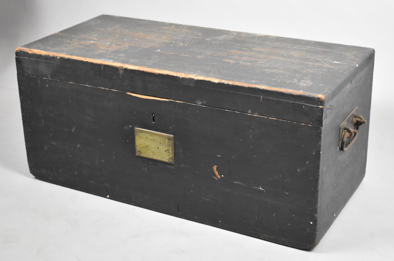 A Vintage Showmans Pine Box with Brass Escutcheon Inscribed WO Mattocks, Gillingham Kent, 67cm wide