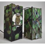 A Rectangular Style Tiffany Table Lamp and Ceiling Hanging Fitting Decorated Owl and Dragonfly, 27cm
