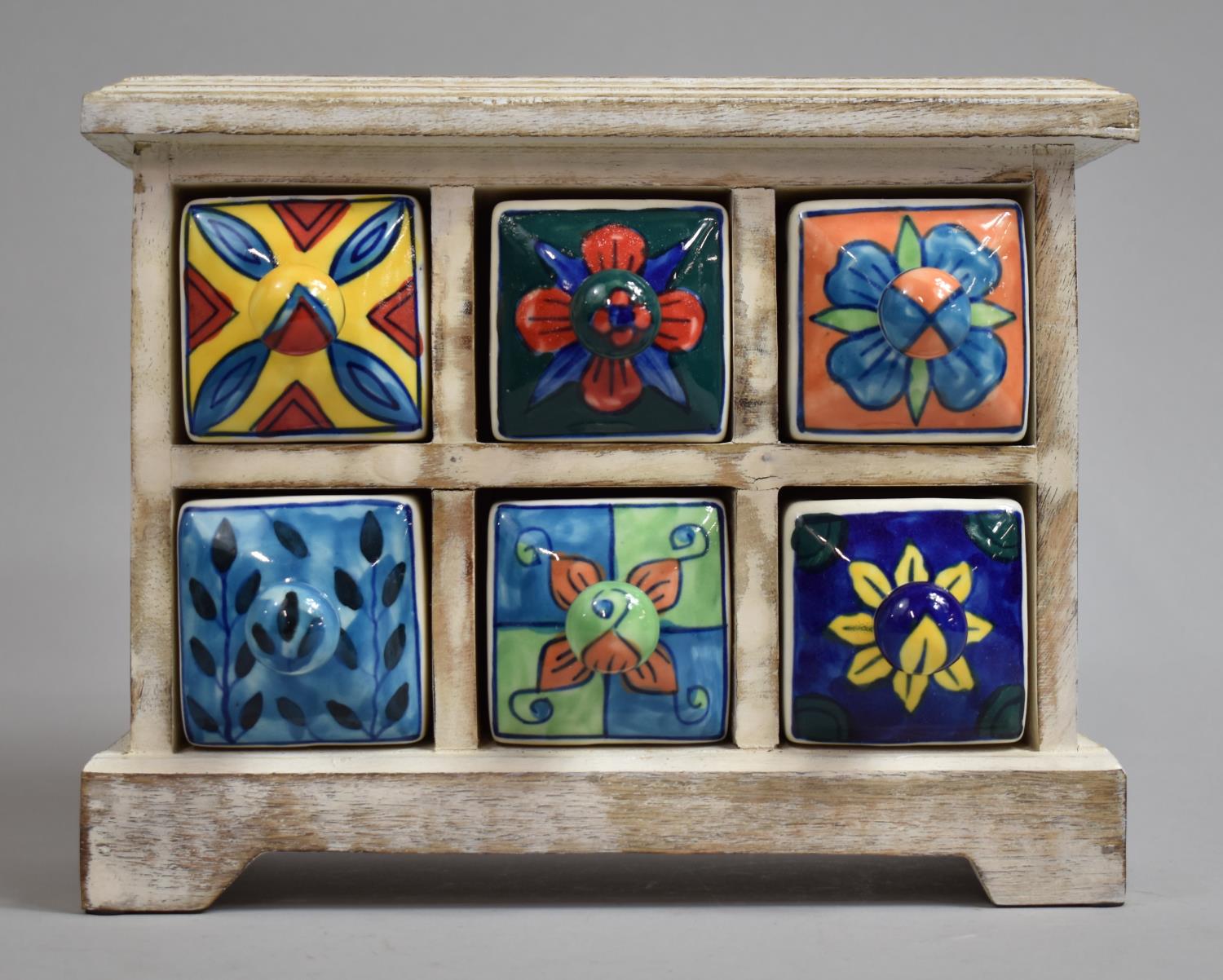 A Modern Continental Wooden Spice Chest with Six Glazed Ceramic Drawers, 25cm Wide