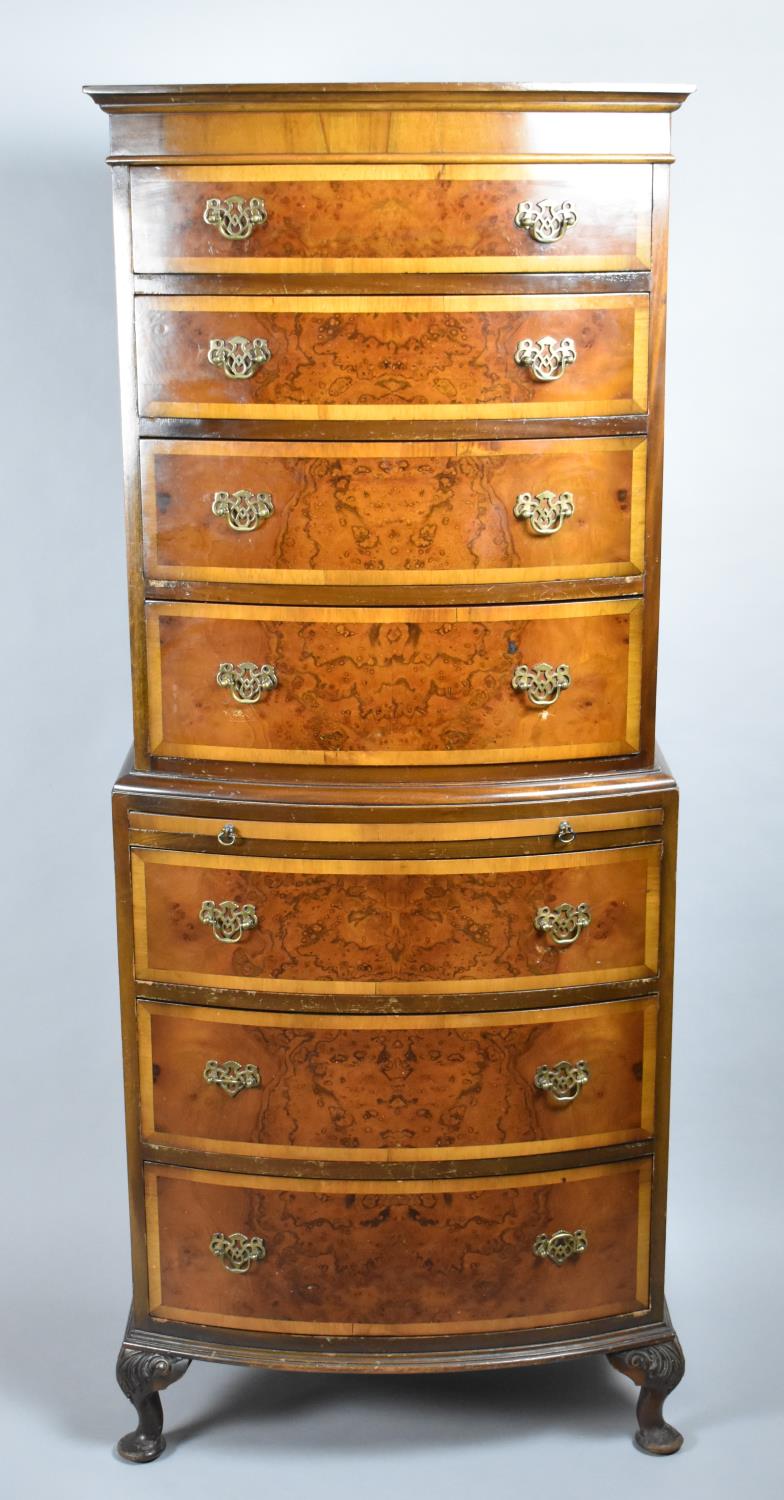 A Mid 20th Century Burr Walnut Bow Fronted Chest on Chest the Base Section with Three Graduated