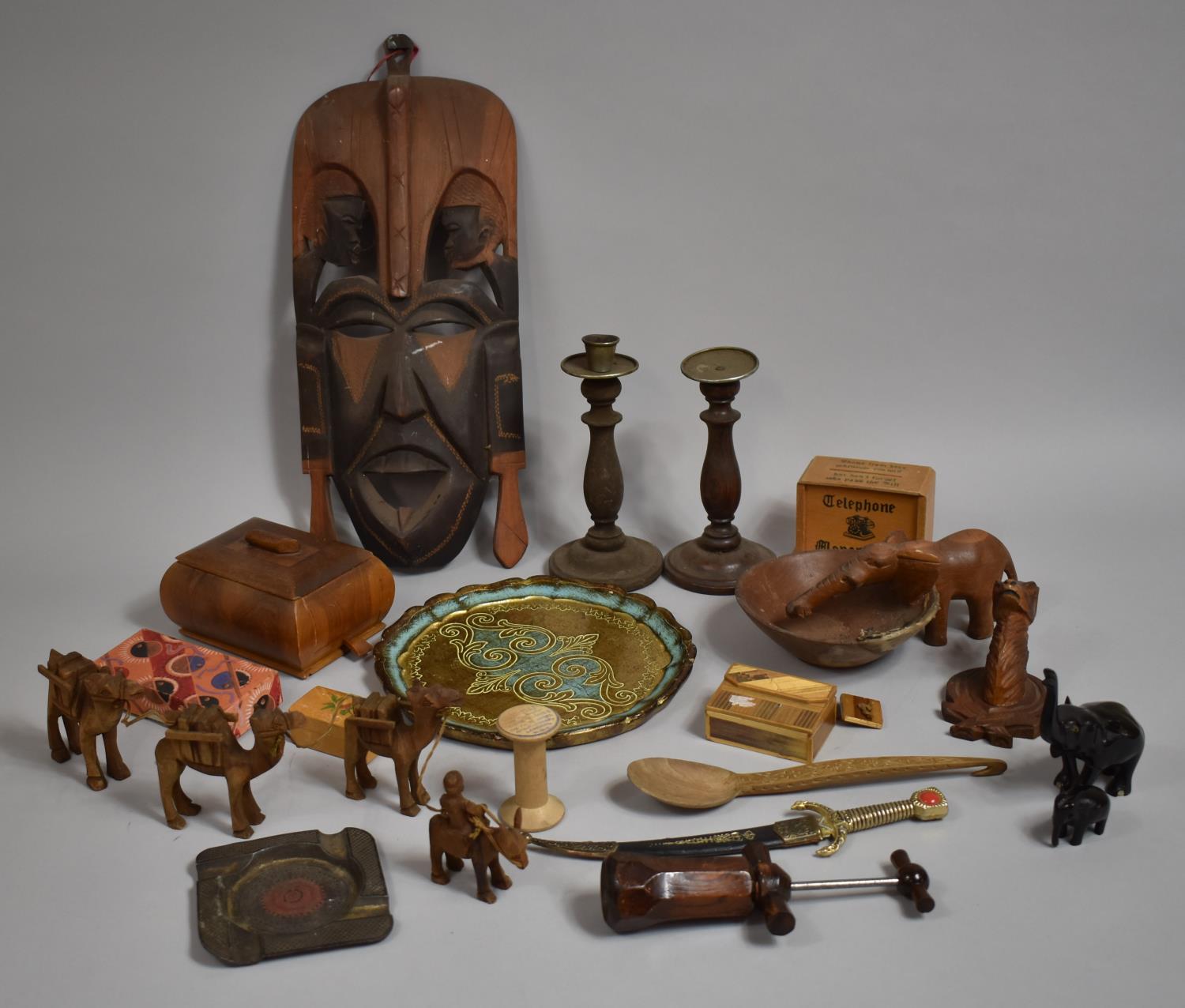 A Collection of Tree to Comprise Souvenir African Elephant Bowl, Tribal Mask, Candlesticks, Wooden