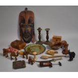 A Collection of Tree to Comprise Souvenir African Elephant Bowl, Tribal Mask, Candlesticks, Wooden