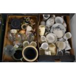 Two Boxes of Various Ceramics to Comprise Commemorative Tankards, Glassware, Cups etc