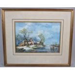 A Framed Dutch Gouache Depicting Cottage Beside Flooded River, Signed P R Wiston, 30x21cm