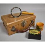 A Small Faux Crocodile Skin Case Containing Magnifying Glass, Machline Napkin Ring and Lacquered Box