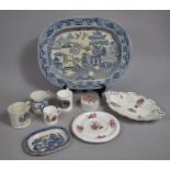A Collection of Transfer Printed Commemorative Mug, Transfer Printed Willow Meat Dish Painted