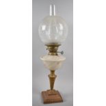 A Late 19th Century Brass and Opaque Glass Oil Lamp with Etched Globe, 63cm high Overall