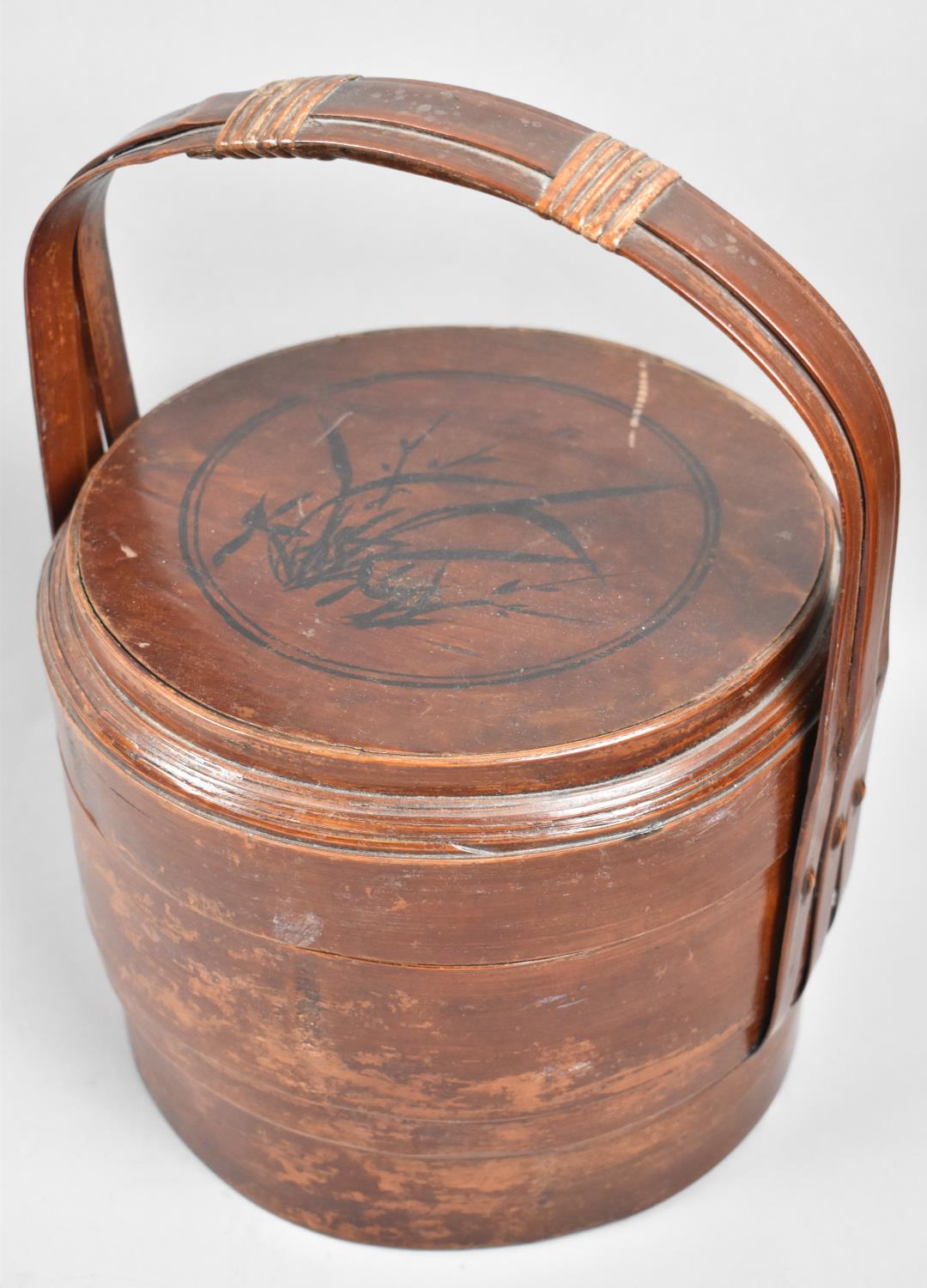 A Chinese Cylindrical Rice or Food Container with Loop Handle and Rice Leaf Decoration to Lid,