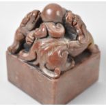 A Chinese Carved Soapstone Seal with Goat Family Finial, 8cm high