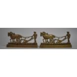 A Pair of Victorian Brass Fireside Ornaments or Doorstops in the Form of Heavy Horses Ploughing,