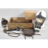 A Vintage Wooden Kipper Box, Wooden Flower Trug, Vintage Telephone Handset and Carbide Lamp
