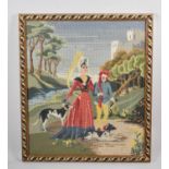 A Framed Tapestry Depicting Medieval Couple with Hounds, 44x51cm