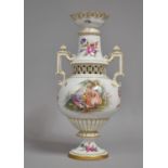 A Dresden Two Handled Reticulated Vase Decorated with Flowers and Figures, Chip to Rim, 34cm high