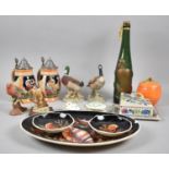 A Collection of Various Ceramics, Bird Ornaments, Monkey Decorated Bottle, Lager Steins etc