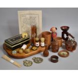 A Collection of Sundries to Comprise Wooden Chopping board, Treen Items, Miniature Copper Kettle,