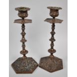 A Pair of Cast Bronze French Candlesticks on Hexagonal Bases, Relief Decoration, 21cm high