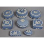 A Collection of Eight Wedgwood Jasperware Blue and White Lidded Boxes