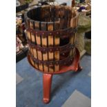 A Painted Iron Cheese/Apple Press Base together with Unrelated Wooden Slatted and Iron Banded Brace,